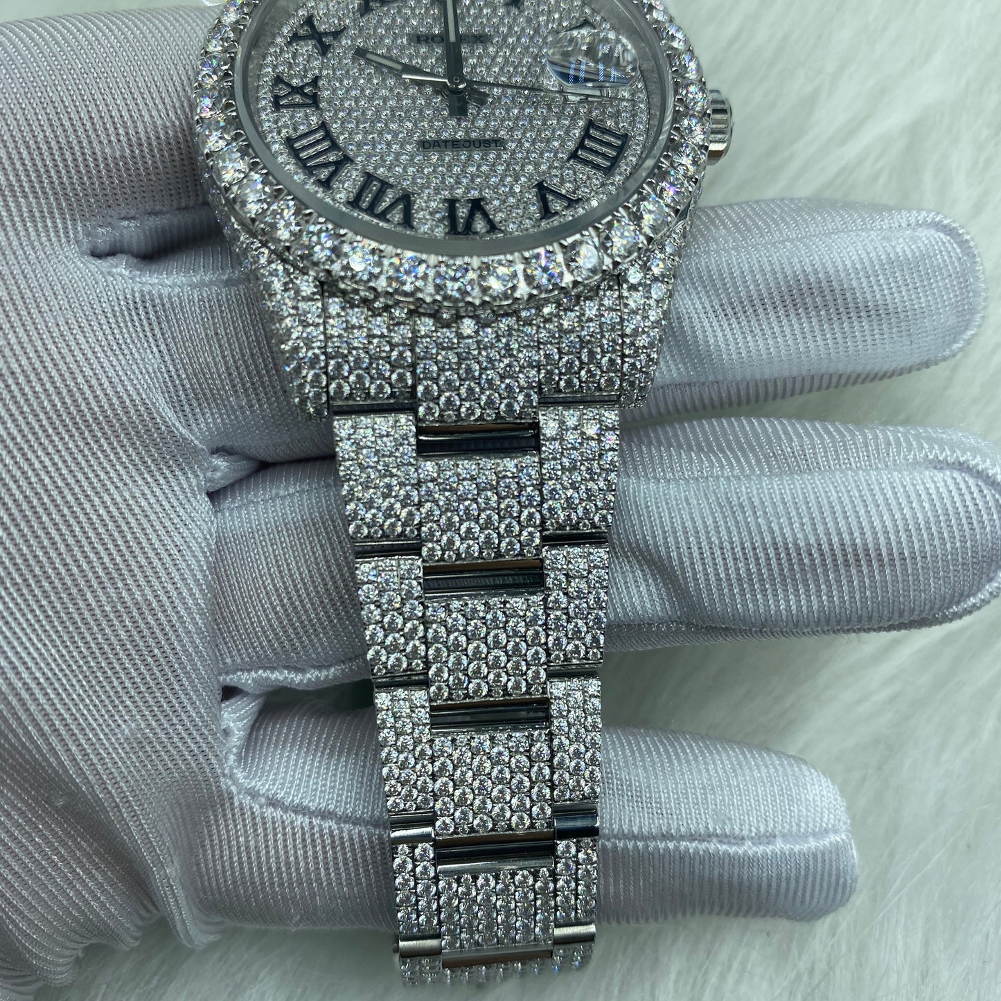 ROLEX DATEJUST MOISSANITE WATCH WITH BLACK ROMAN NUMERAL DIAL – FULL SILVER ICED OUT EDITION