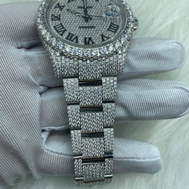 ROLEX DATEJUST MOISSANITE WATCH WITH BLACK ROMAN NUMERAL DIAL – FULL SILVER ICED OUT EDITION
