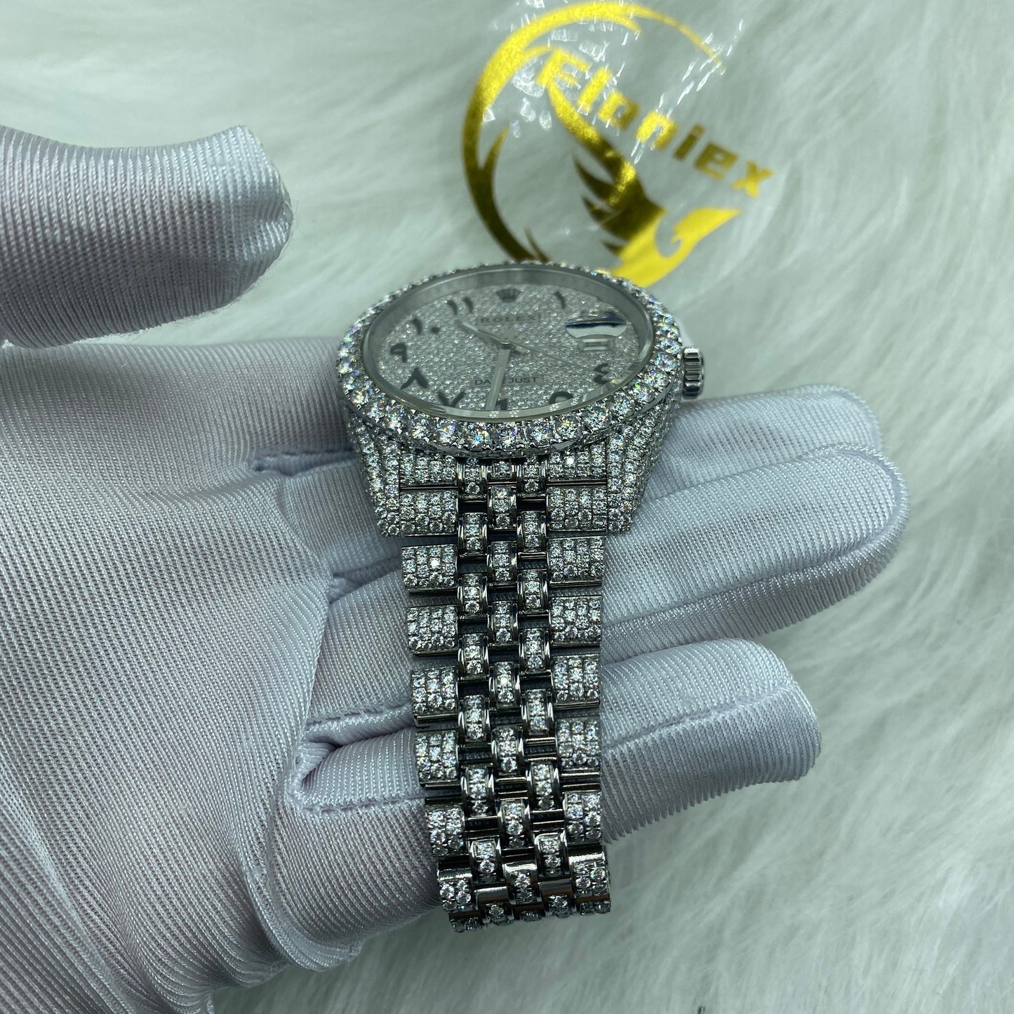 ROLEX DATEJUST MOISSANITE WATCH WITH ARABIC DIAL – FULL SILVER ICED OUT EDITION