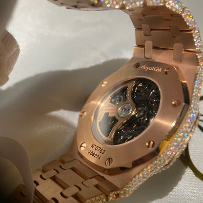 AUDEMARS PIGUET ROYAL OAK MOISSANITE – ROSE GOLD SKELETON FULL ICED