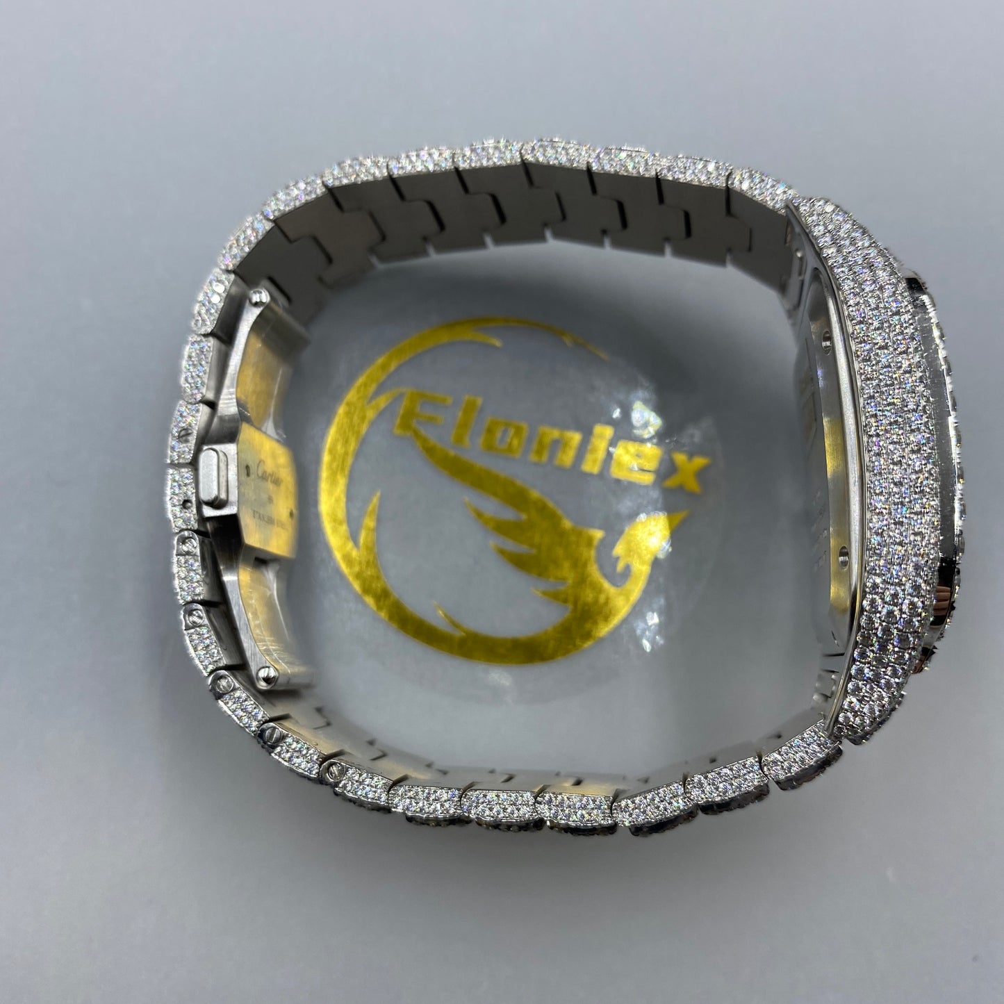CARTIER SANTOS MOISSANITE WATCH WITH ROMAN NUMERAL DIAL – FULLY ICED OUT EDITION