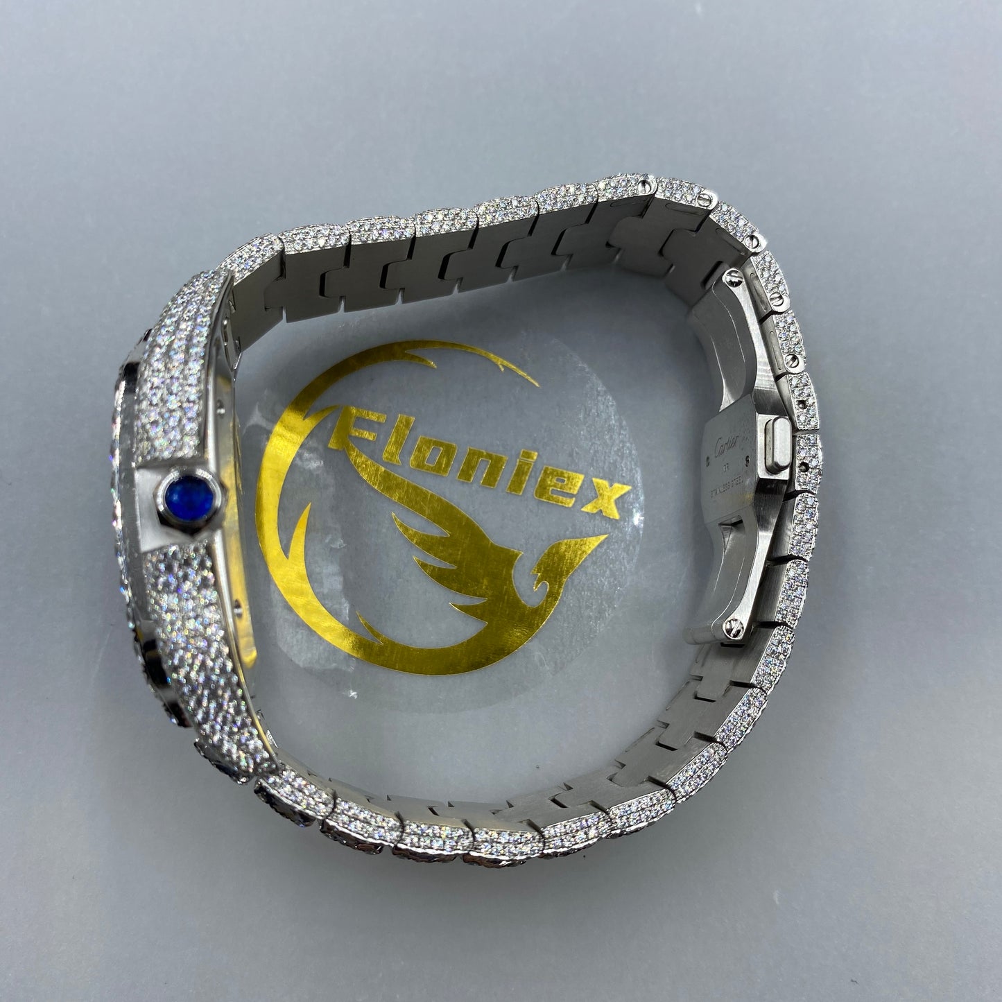 CARTIER SANTOS MOISSANITE WATCH WITH ROMAN NUMERAL DIAL – FULLY ICED OUT EDITION