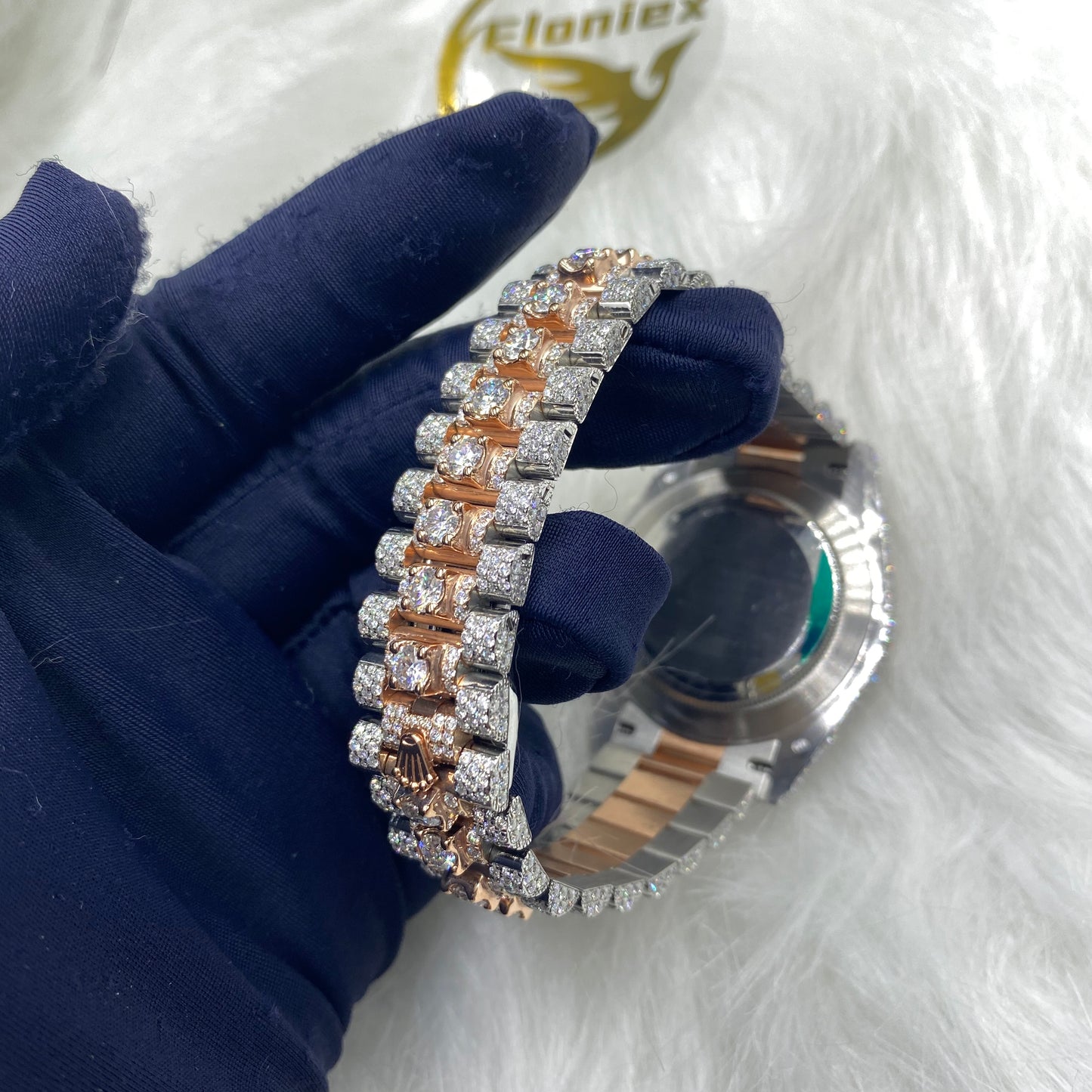 ROLEX DAY-DATE MOISSANITE WATCH WITH STICK DIAL – TWO-TONE SILVER & ROSE GOLD EDITION