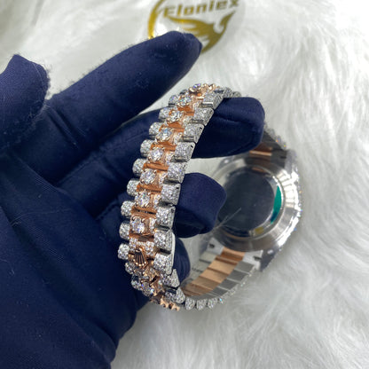 ROLEX DAY-DATE MOISSANITE WATCH WITH STICK DIAL – TWO-TONE SILVER & ROSE GOLD EDITION