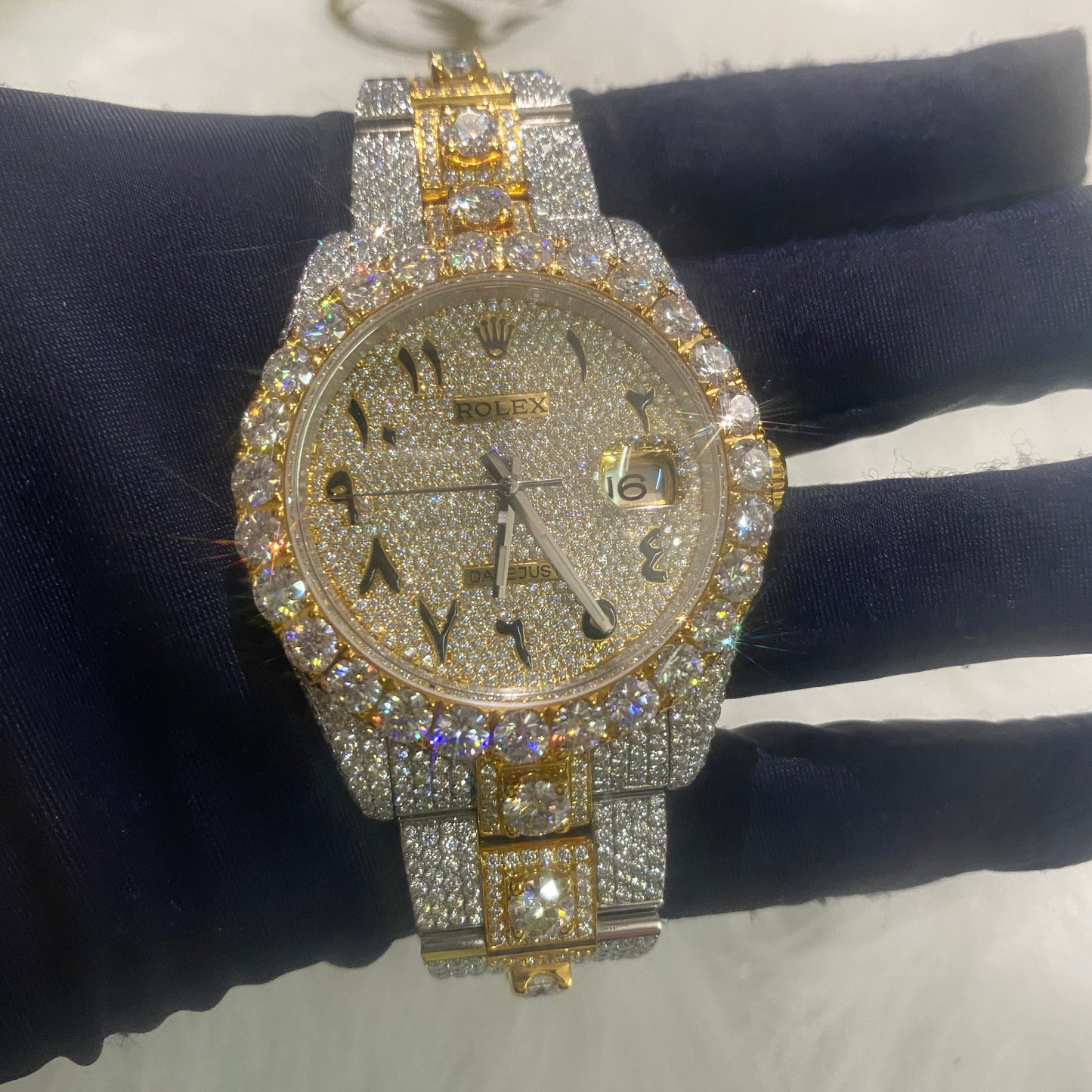 ROLEX DATEJUST MOISSANITE WATCH WITH ARABIC DIAL – TWO-TONE GOLD BEZEL & FULLY ICED OUT