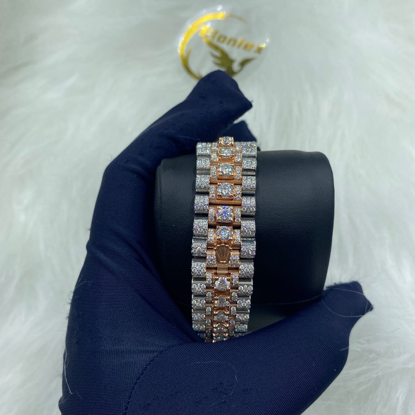ROLEX DAY-DATE MOISSANITE WATCH WITH STICK DIAL – TWO-TONE SILVER & ROSE GOLD EDITION