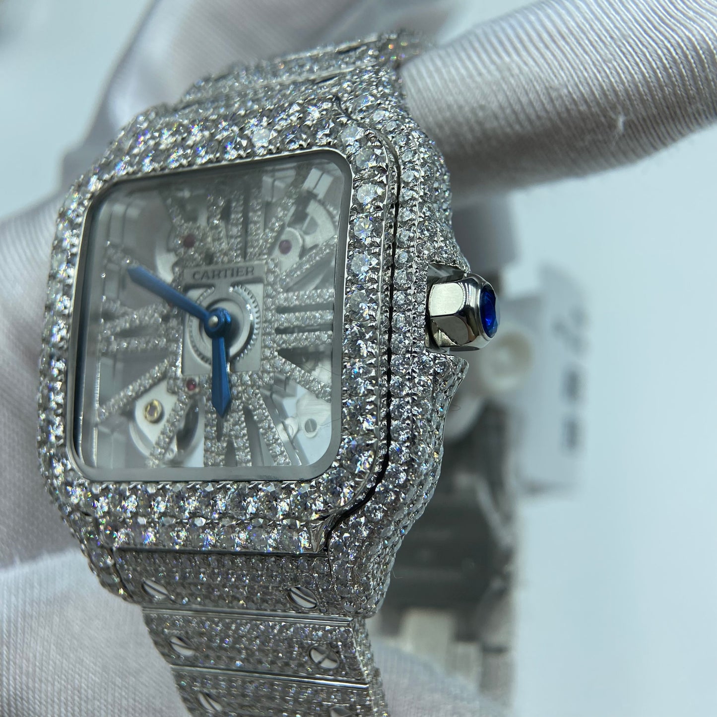 CARTIER SANTOS MOISSANITE WATCH WITH SKELETON DIAL – FULLY ICED OUT FINISH