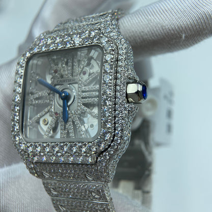 CARTIER SANTOS MOISSANITE WATCH WITH SKELETON DIAL – FULLY ICED OUT FINISH