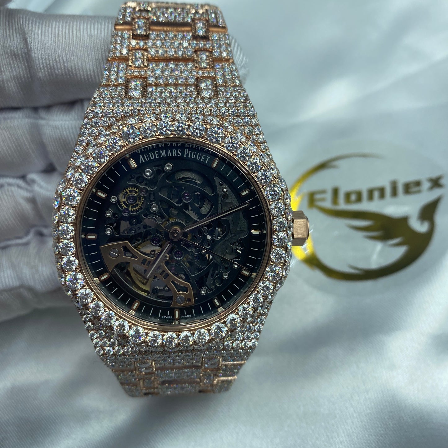 AUDEMARS PIGUET ROYAL OAK MOISSANITE – ROSE GOLD SKELETON FULL ICED