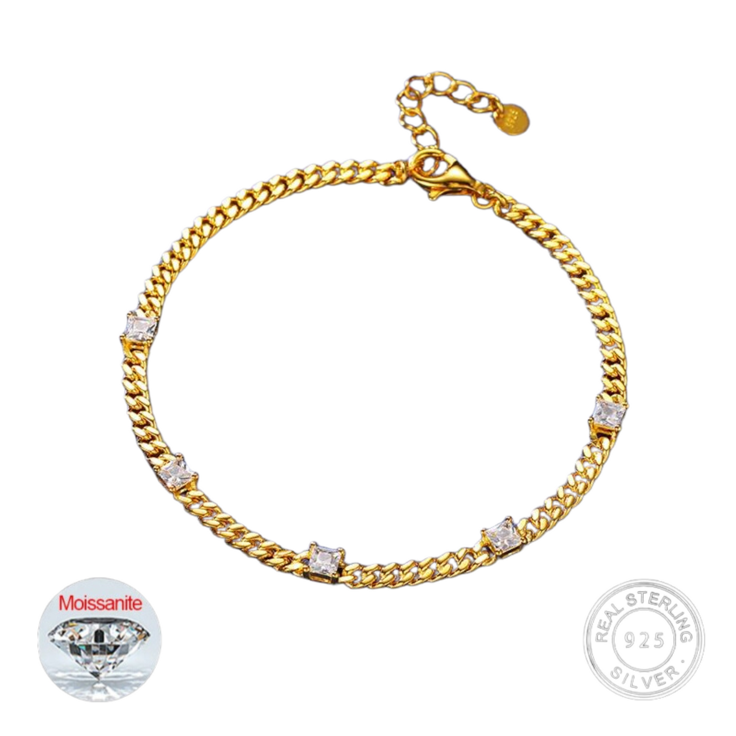 S925 Moissanite Square Diamond Cuban Link Bracelet - 4MM