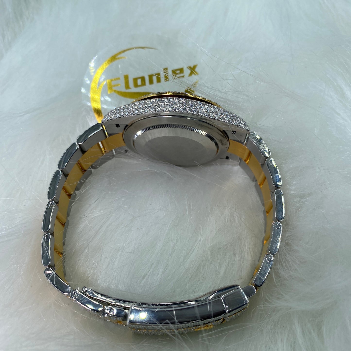 ROLEX DATEJUST MOISSANITE WATCH WITH ARABIC DIAL – TWO-TONE FULL ICED YELLOW GOLD EDITION