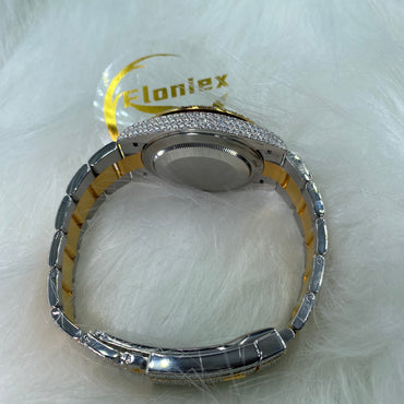 ROLEX DATEJUST MOISSANITE WATCH WITH ARABIC DIAL – TWO-TONE FULL ICED YELLOW GOLD EDITION