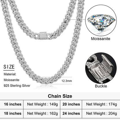 S925 Moissanite Diamond Cuban Link Necklace/Bracelet - 12mm