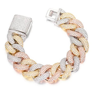 S925 Moissanite Tri-Color Cuban Link Chain Bracelet - 20mm