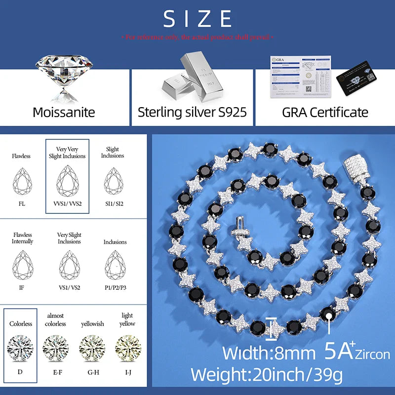 8mm S925 Black Moissanite Star Link Tennis Chain