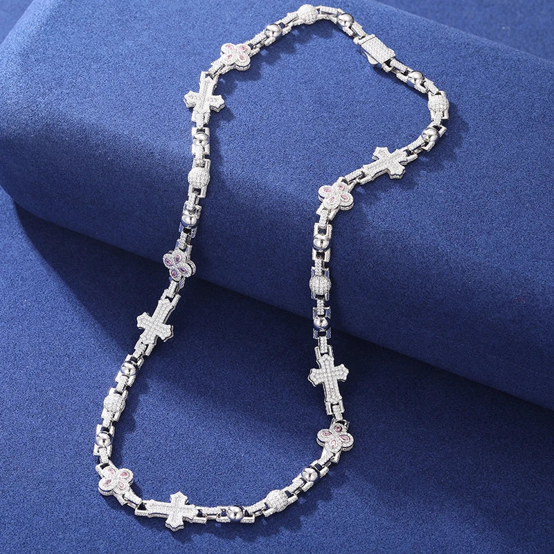 S925 Moissanite Clover Leaf Cross Link Necklace or Bracelet in White Gold - 12mm