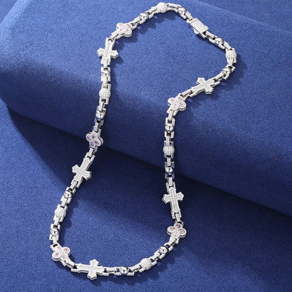 S925 Moissanite Clover Leaf Cross Link Necklace or Bracelet in White Gold - 12mm