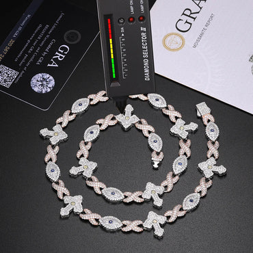 S925 Moissanite Devil Eye Cross Infinity Cuban Link Chain Bracelet or Necklace - 19.5mm