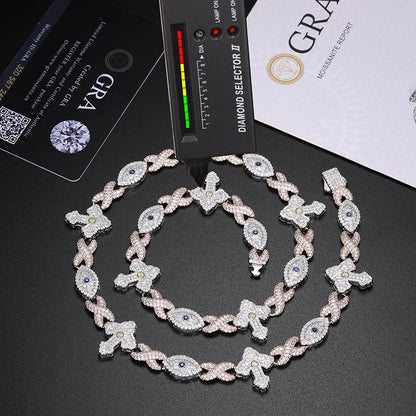 S925 Moissanite Devil Eye Cross Infinity Cuban Link Chain Bracelet or Necklace - 19.5mm