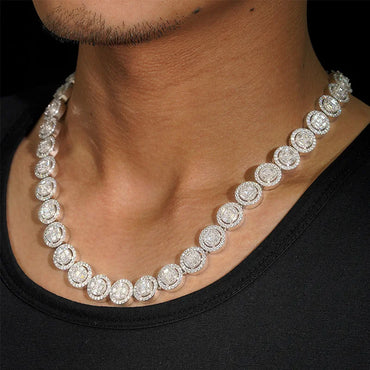 White Gold Round Cut Halo Tennis Chain Necklace - 13mm