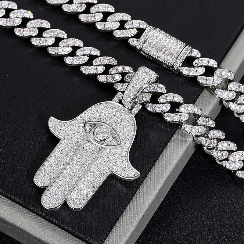 D VVS Moissanite Hamsa Evil Eye Pendant Necklace