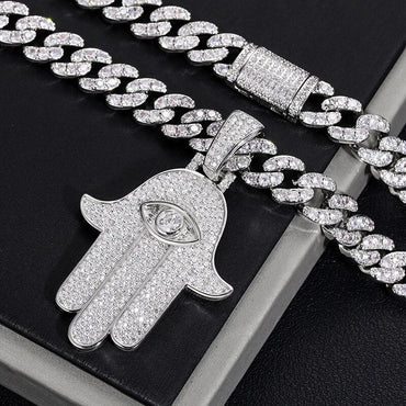 D VVS Moissanite Hamsa Evil Eye Pendant Necklace