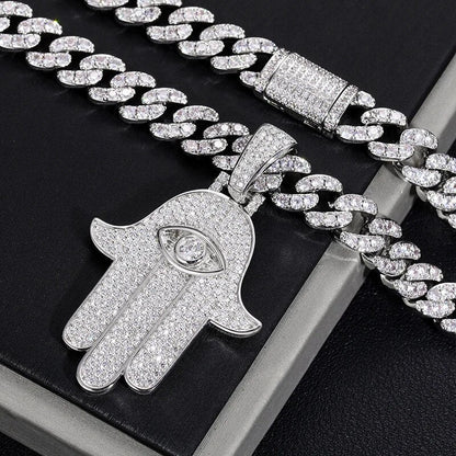 D VVS Moissanite Hamsa Evil Eye Pendant Necklace