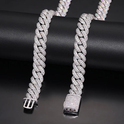 18MM ICED OUT DIAMOND CURVE CUBAN LINK CHAIN NECKLACE - WHITE GOLD