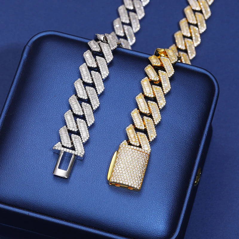 10-22mm S925 MOISSANITE BAGUETTE MIAMI PRONG CUBAN LINK DIAMOND CHAIN NECKLACE