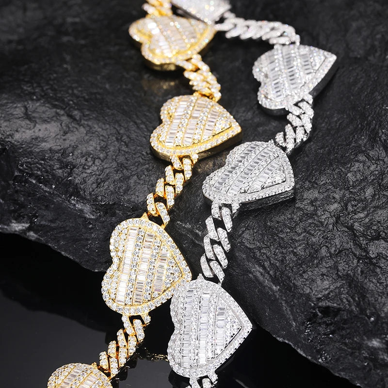 S925 Moissanite Diamond Baguette Heart Cuban Link Bracelet
