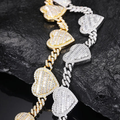 S925 Moissanite Diamond Baguette Heart Cuban Link Bracelet