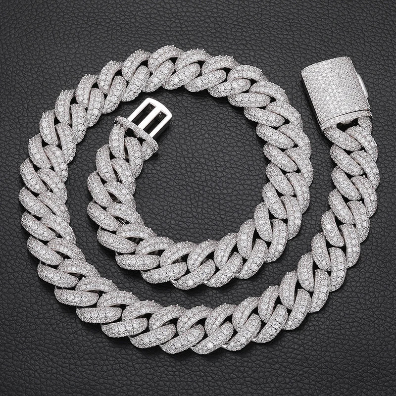 18MM ICED OUT DIAMOND CURVE CUBAN LINK CHAIN NECKLACE - WHITE GOLD