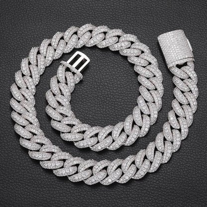 18MM ICED OUT DIAMOND CURVE CUBAN LINK CHAIN NECKLACE - WHITE GOLD