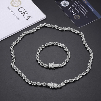 925 Sterling Silver 6MM/12MM Twist Rope Chain Necklace With Moissanite Clasp