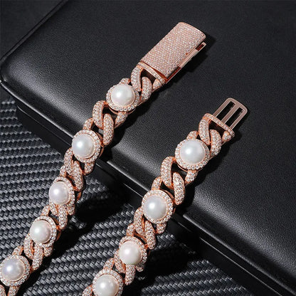S925 Rose Gold Moissanite Iced Pearl Cuban Chain - 15mm