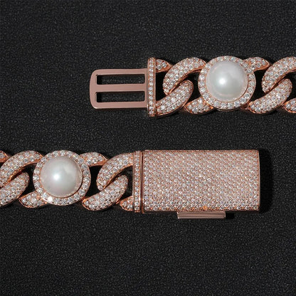 S925 Rose Gold Moissanite Iced Pearl Cuban Chain - 15mm