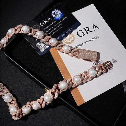 S925 Rose Gold Moissanite Iced Pearl Cuban Chain - 15mm