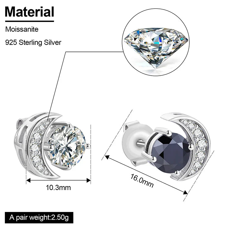 New S925 VVS Black White Moissanite Moon Stud Earrings