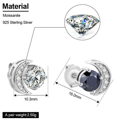 New S925 VVS Black White Moissanite Moon Stud Earrings