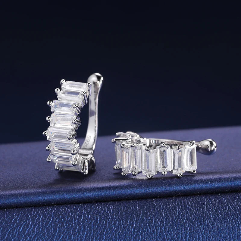 S925 Moissanite Baguette Cuff Earrings – White Gold