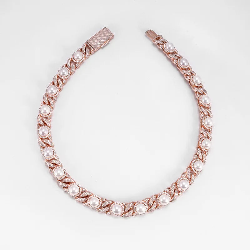 S925 Rose Gold Moissanite Iced Pearl Cuban Chain - 15mm