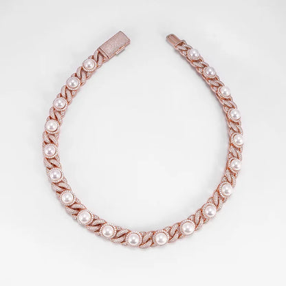 S925 Rose Gold Moissanite Iced Pearl Cuban Chain - 15mm