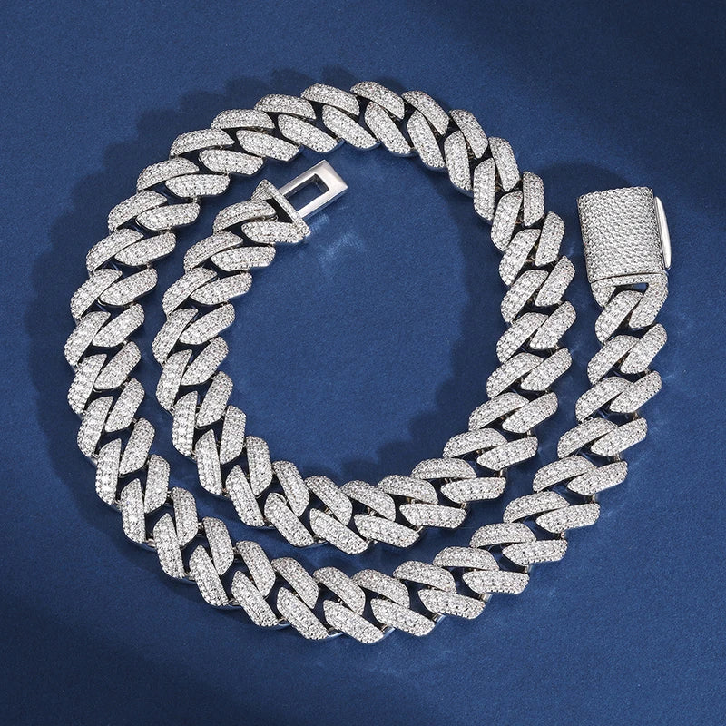 S925 Moissanite Diamond Prong Cuban Link Chain Necklace and Bracelet - 15mm