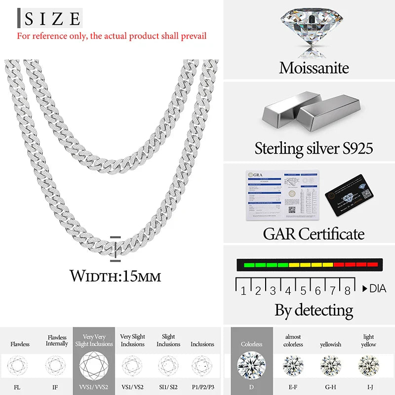 15mm S925 Moissanite Curb Cuban Chain