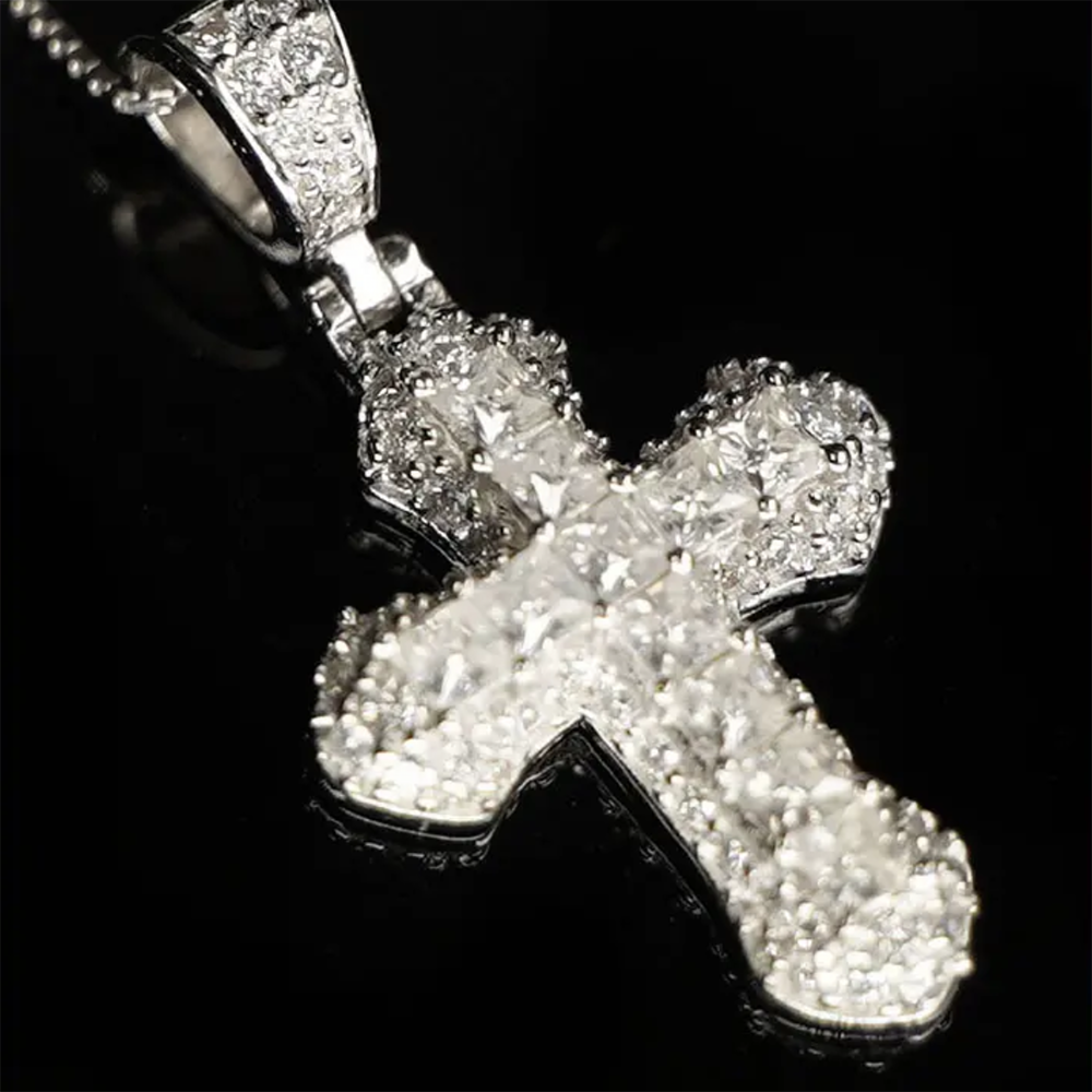 925 Sterling Silver Pink Baguette Cross Pendant