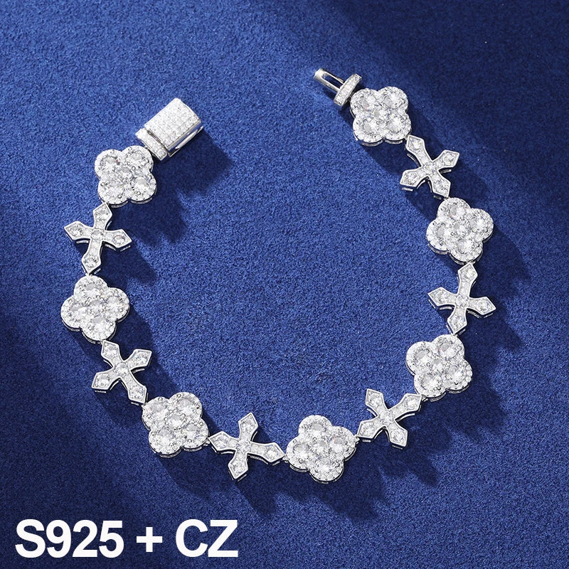 S925 Iced Frosty Flower Cross Link Bracelet - 14mm