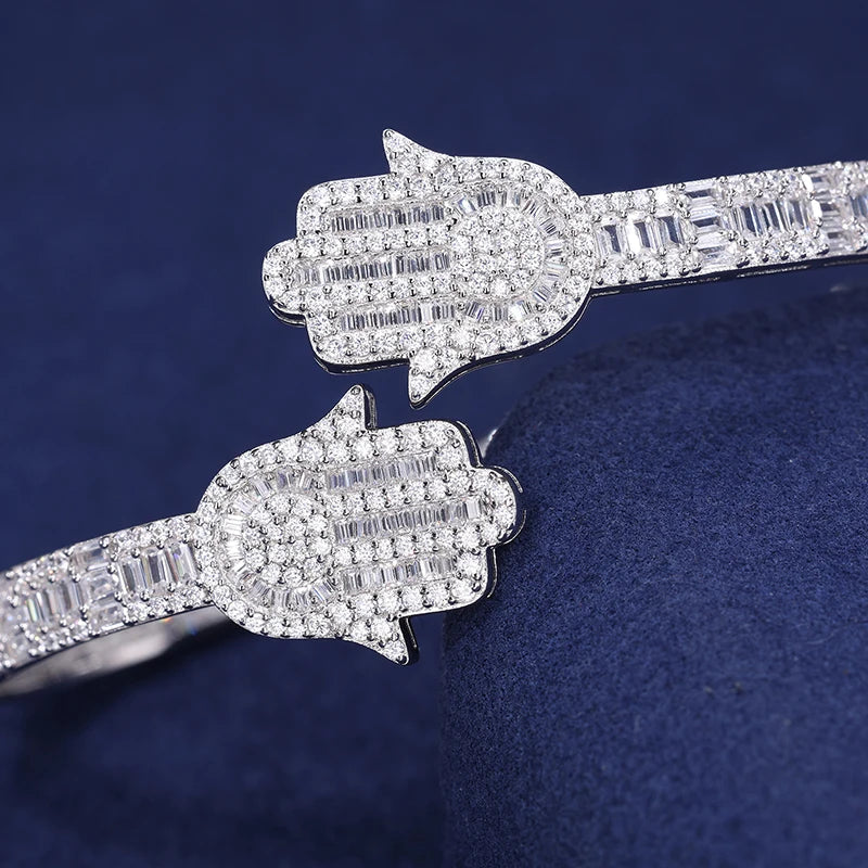 S925 Moissanite Baguette Hamsa Bangle