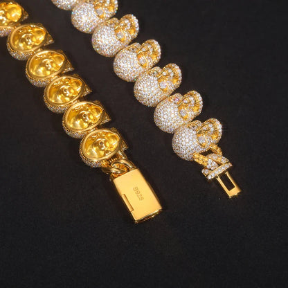 S925 Moissanite Skull Link Chain Bracelet - 12mm