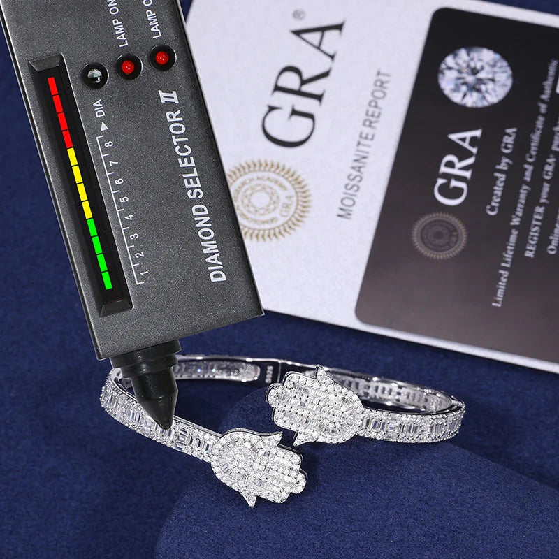 S925 Moissanite Baguette Hamsa Bangle