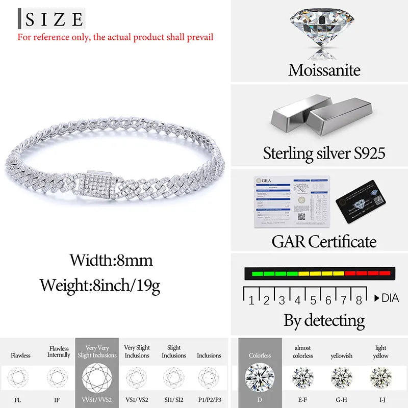 S925 Moissanite Diamond Prong Cuban Link Bracelet - 6mm